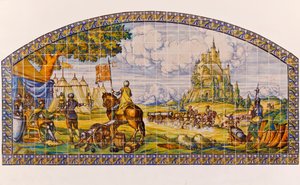 Segovia, provincie Segovia, Spanje. Moderne keramische tegel schilderij van Segovia ten tijde van de Opstand van de Comuneros 1520-1521 door Unknown